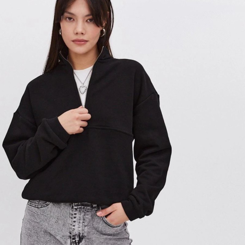 Kadın 3 İplik Pamuklu Oversize Yarım Fermuarlı Yakalı Basic Sweatshirt - Siyah