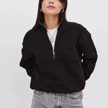 Kadın 3 İplik Pamuklu Oversize Yarım Fermuarlı Yakalı Basic Sweatshirt - Siyah