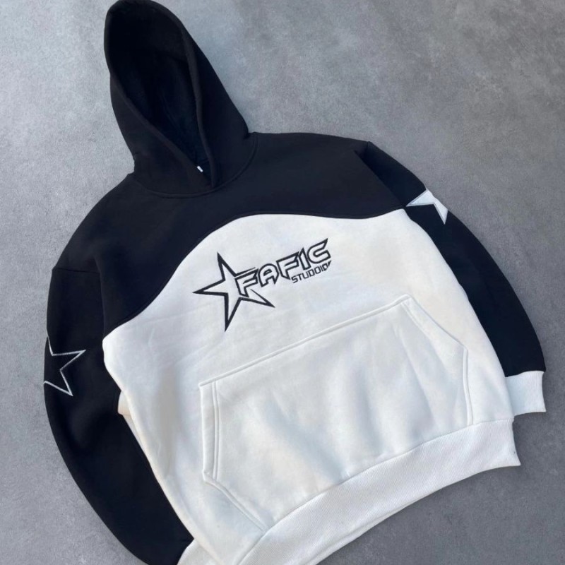 Kadın 3 İplik Pamuklu Parçalı Nakış İşlemelı Kapüşonlu SweatShirt Hoodie - Siyah