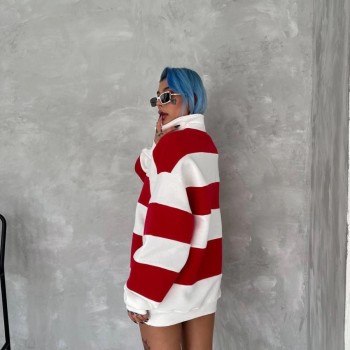 Kadın 3 İplik Pamuklu Parçalı Yakalı SweatShirt - Kırmızı