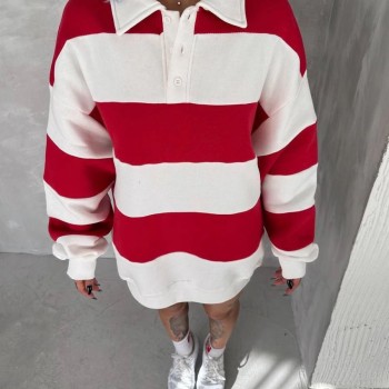 Kadın 3 İplik Pamuklu Parçalı Yakalı SweatShirt - Kırmızı