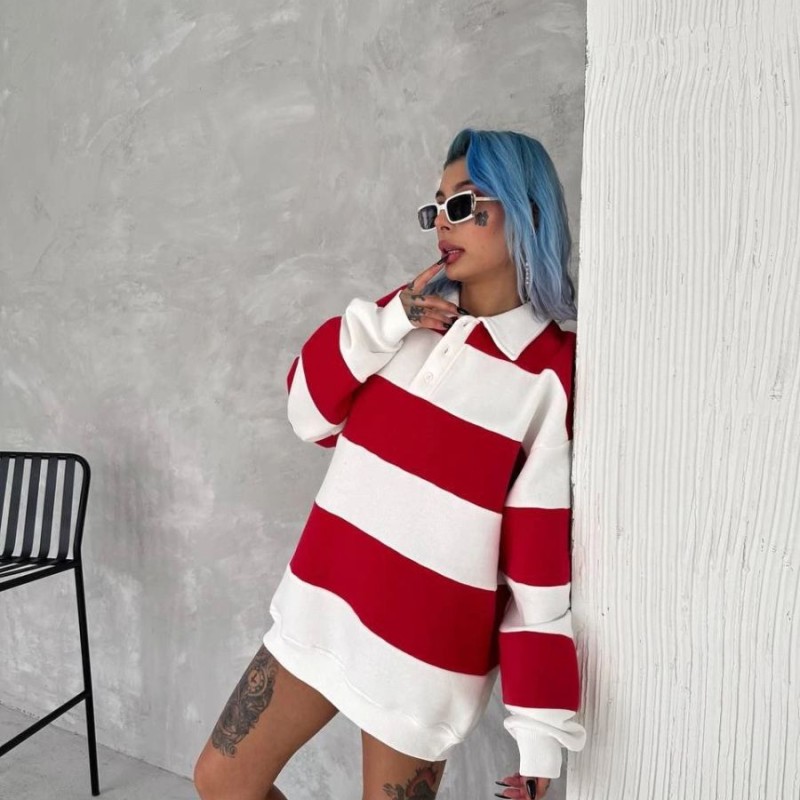 Kadın 3 İplik Pamuklu Parçalı Yakalı SweatShirt - Kırmızı