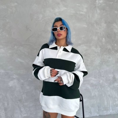 Kadın 3 iplik Pamuklu Parçalı Yakalı SweatShirt - Yeşil