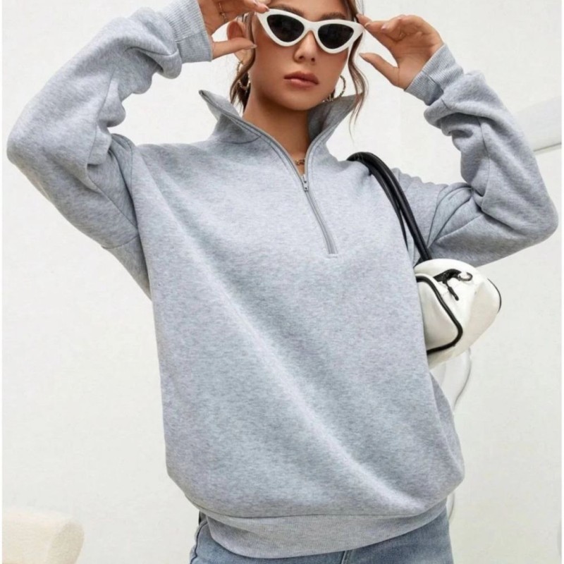 Kadın 3 iplik Pamuklu Uzun Kol Yarım Farmuarlı Yakalı  SweatShirt - Gri