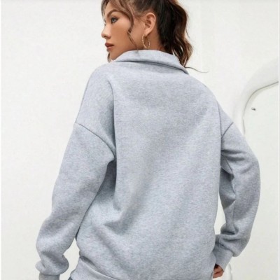 Kadın 3 iplik Pamuklu Uzun Kol Yarım Farmuarlı Yakalı  SweatShirt - Gri
