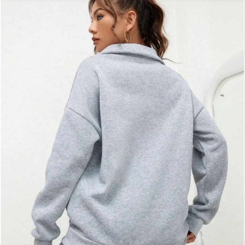 Kadın 3 iplik Pamuklu Uzun Kol Yarım Farmuarlı Yakalı  SweatShirt - Gri