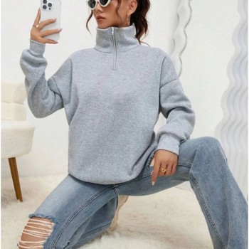 Kadın 3 iplik Pamuklu Uzun Kol Yarım Farmuarlı Yakalı  SweatShirt - Gri
