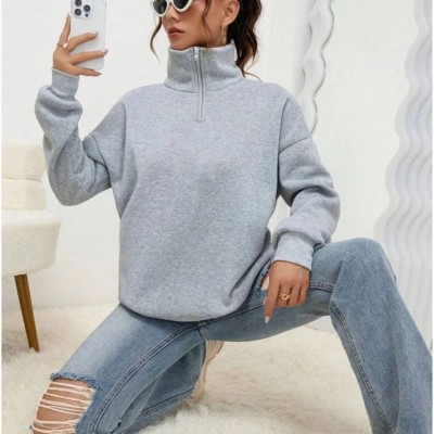 Kadın 3 iplik Pamuklu Uzun Kol Yarım Farmuarlı Yakalı  SweatShirt - Gri