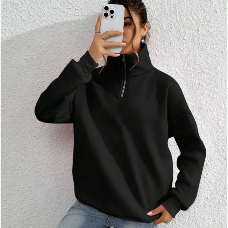 Kadın 3 iplik Pamuklu Uzun Kol Yarım Farmuarlı Yakalı SweatShirt - Siyah