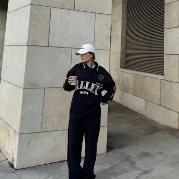 Kadın 3 İplik Pamuklu Yakalı Sweat Baggy Pantolonlu Alt-Üst Takım - Siyah