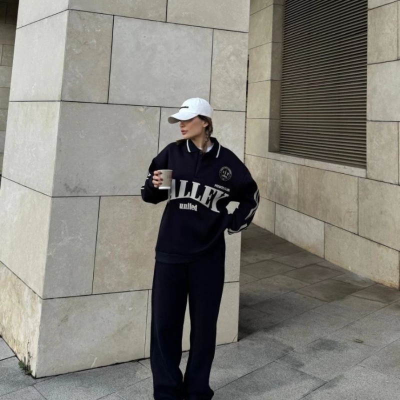 Kadın 3 İplik Pamuklu Yakalı Sweat Baggy Pantolonlu Alt-Üst Takım - Siyah