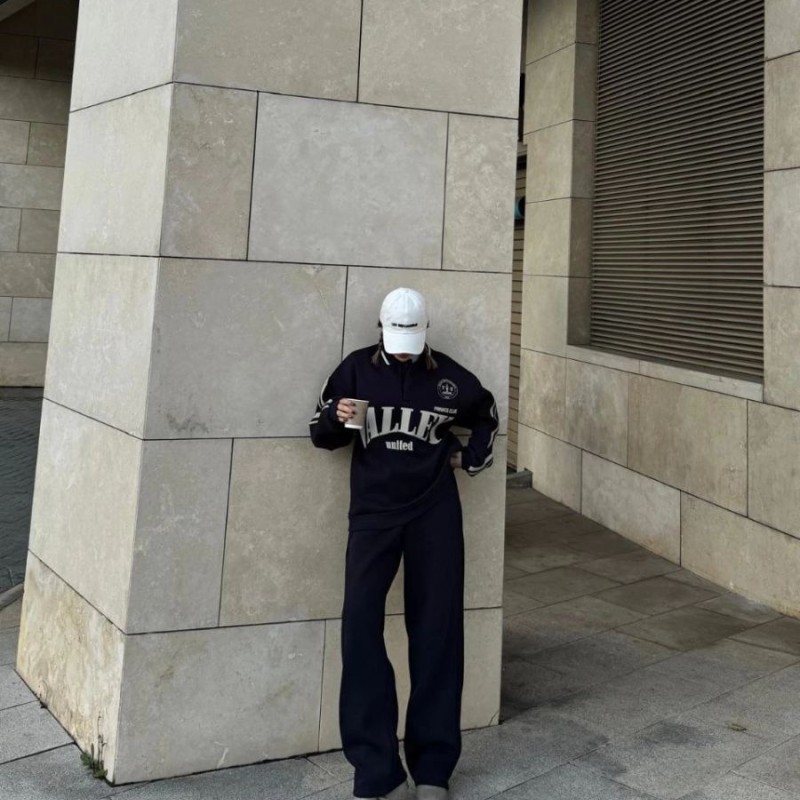 Kadın 3 İplik Pamuklu Yakalı Sweat Baggy Pantolonlu Alt-Üst Takım - Siyah