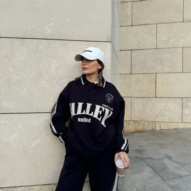 Kadın 3 İplik Pamuklu Yakalı Sweat Baggy Pantolonlu Alt-Üst Takım - Siyah