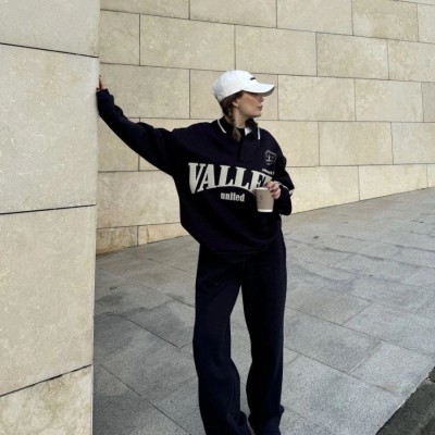 Kadın 3 İplik Pamuklu Yakalı Sweat Baggy Pantolonlu Alt-Üst Takım - Siyah
