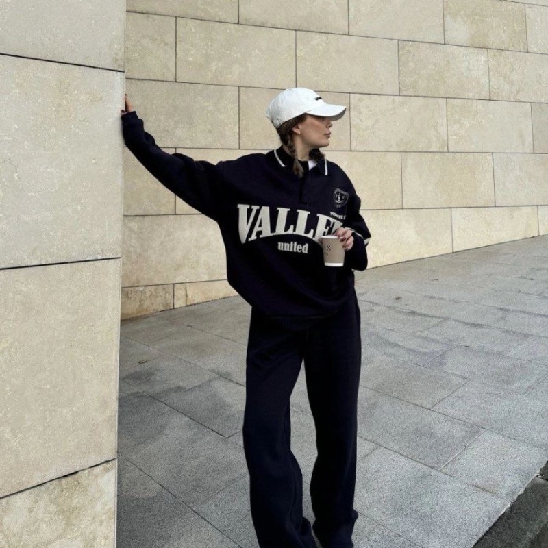 Kadın 3 İplik Pamuklu Yakalı Sweat Baggy Pantolonlu Alt-Üst Takım - Siyah