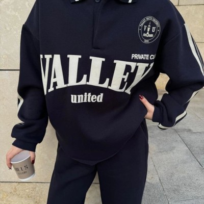 Kadın 3 İplik Pamuklu Yakalı Sweat Baggy Pantolonlu Alt-Üst Takım - Siyah