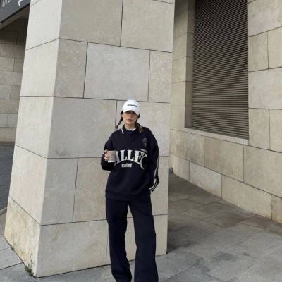 Kadın 3 İplik Pamuklu Yakalı Sweat Baggy Pantolonlu Alt-Üst Takım - Siyah
