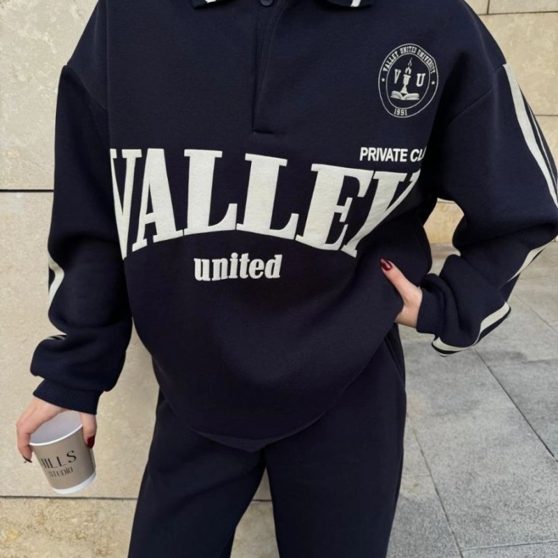 Kadın 3 İplik Pamuklu Yakalı Sweat Baggy Pantolonlu Alt-Üst Takım - Siyah