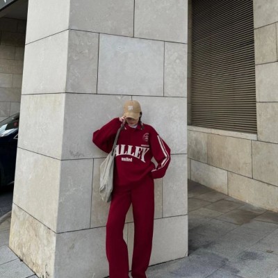 Kadın 3 İplik Pamuklu Yakalı Sweat Baggy Pantolonlu Takım - Bordo