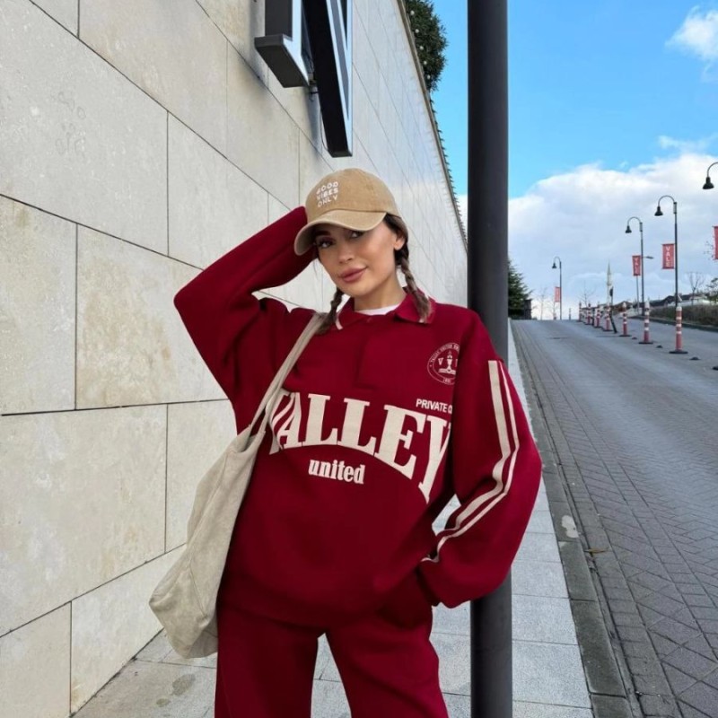 Kadın 3 İplik Pamuklu Yakalı Sweat Baggy Pantolonlu Takım - Bordo