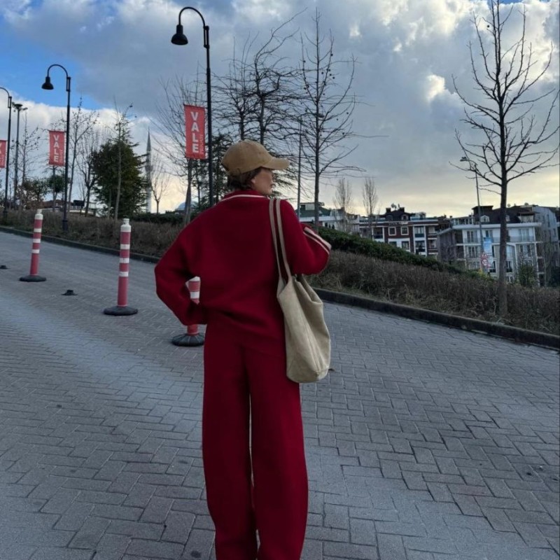 Kadın 3 İplik Pamuklu Yakalı Sweat Baggy Pantolonlu Takım - Bordo