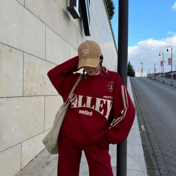 Kadın 3 İplik Pamuklu Yakalı Sweat Baggy Pantolonlu Takım - Bordo