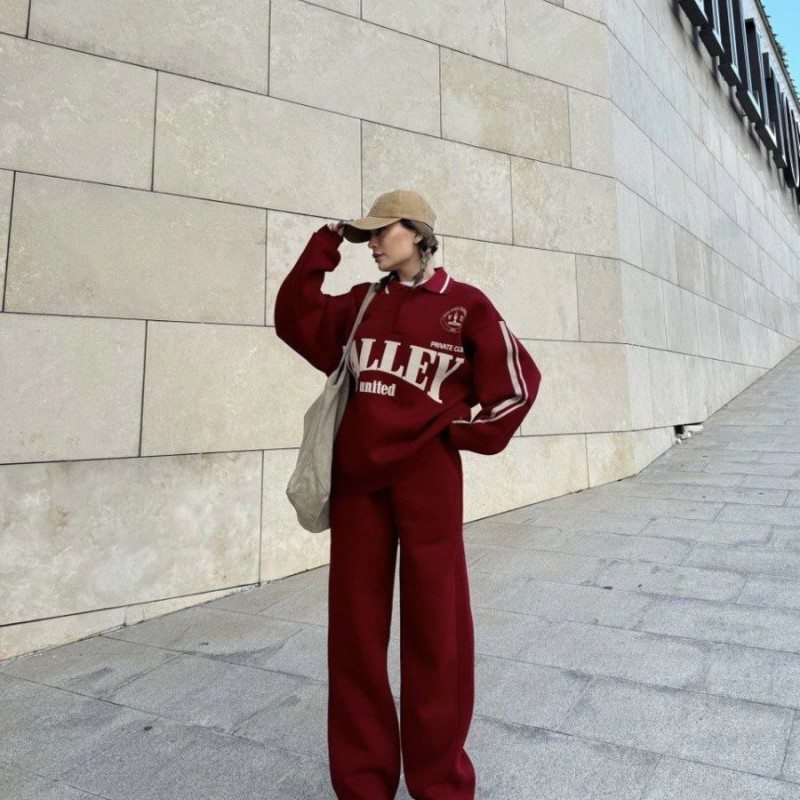 Kadın 3 İplik Pamuklu Yakalı Sweat Baggy Pantolonlu Takım - Bordo