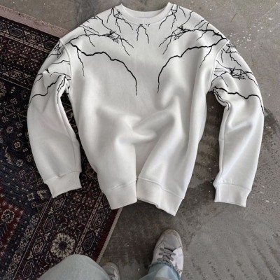 Kadın 3 iplik pamuklu Yıldırım Baskılı Bisiklet Yaka SweatShirt - Beyaz