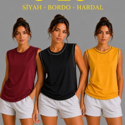 Kadın 3’lü Kolsuz Sporcu Atlet Seti Yazlık Bisiklet Yaka - Siyah, Bordo, Hardal