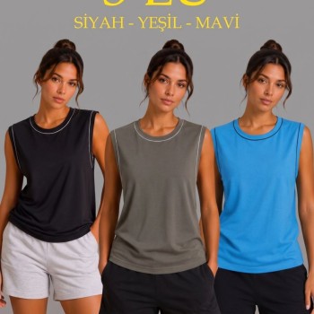 Kadın 3’lü Kolsuz Sporcu Atlet Seti Yazlık Bisiklet Yaka - Siyah, Haki, Mavi