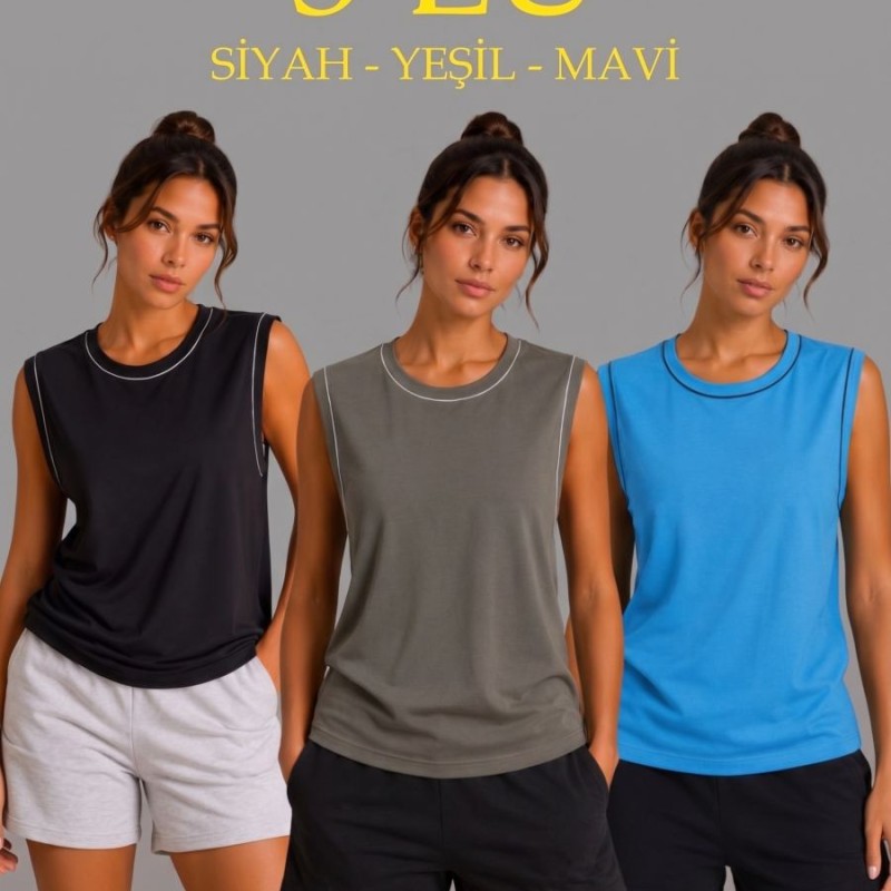 Kadın 3’lü Kolsuz Sporcu Atlet Seti Yazlık Bisiklet Yaka - Siyah, Haki, Mavi