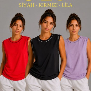 Kadın 3’lü Kolsuz Sporcu Atlet Seti Yazlık Bisiklet Yaka - Siyah, Kırmızı, Lila