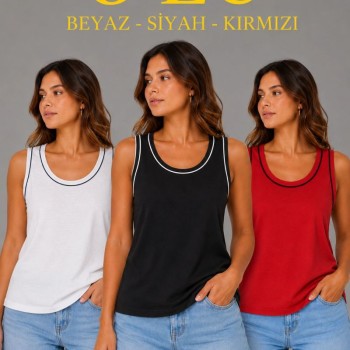 Kadın 3’lü Kolsuz Sporcu Atlet Seti Yazlık Bisiklet Yakalı - Beyaz, Siyah, Kırmızı