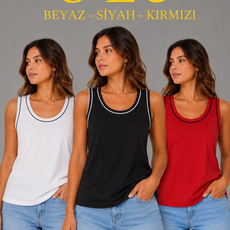 Kadın 3’lü Kolsuz Sporcu Atlet Seti Yazlık Bisiklet Yakalı - Beyaz, Siyah, Kırmızı