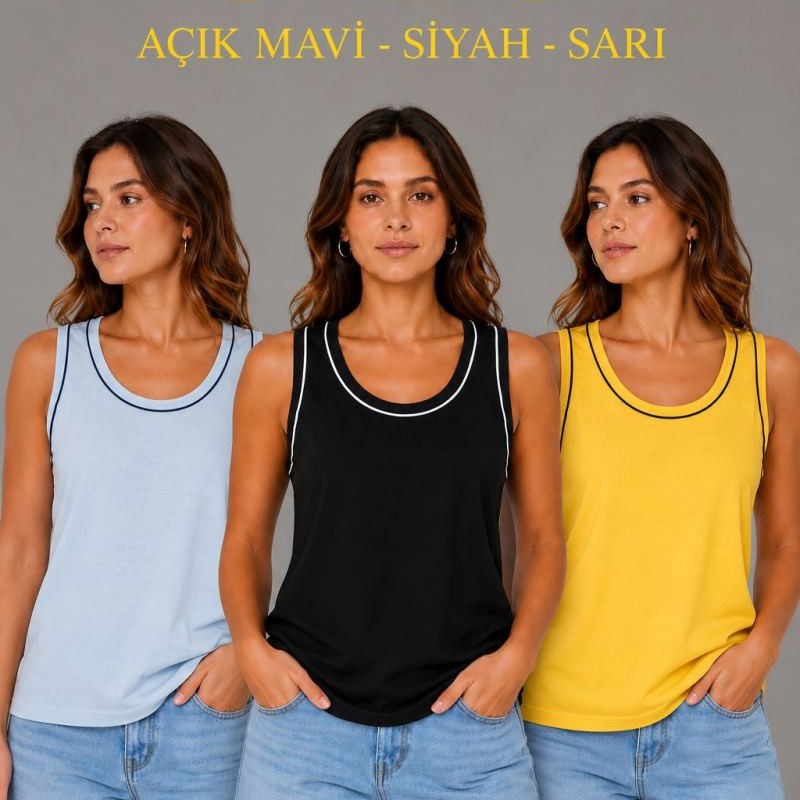 Kadın 3’lü Kolsuz Sporcu Atlet Seti Yazlık Bisiklet Yakalı - Sarı, Siyah, Bebe Mavisi