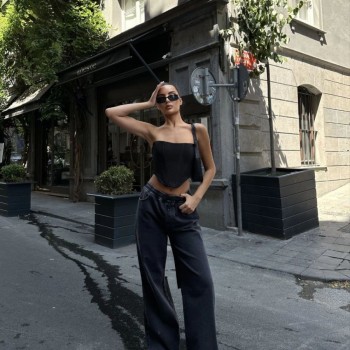 Kadın Arkadan Yırtmaçlı Jeans Kot Palazzo Pantolon - Siyah