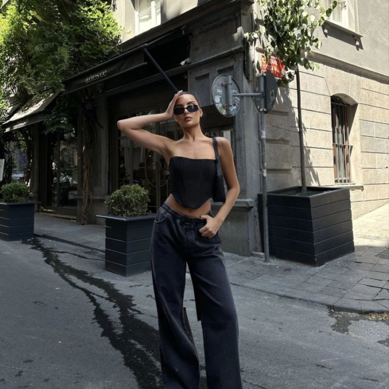 Kadın Arkadan Yırtmaçlı Jeans Kot Palazzo Pantolon - Siyah