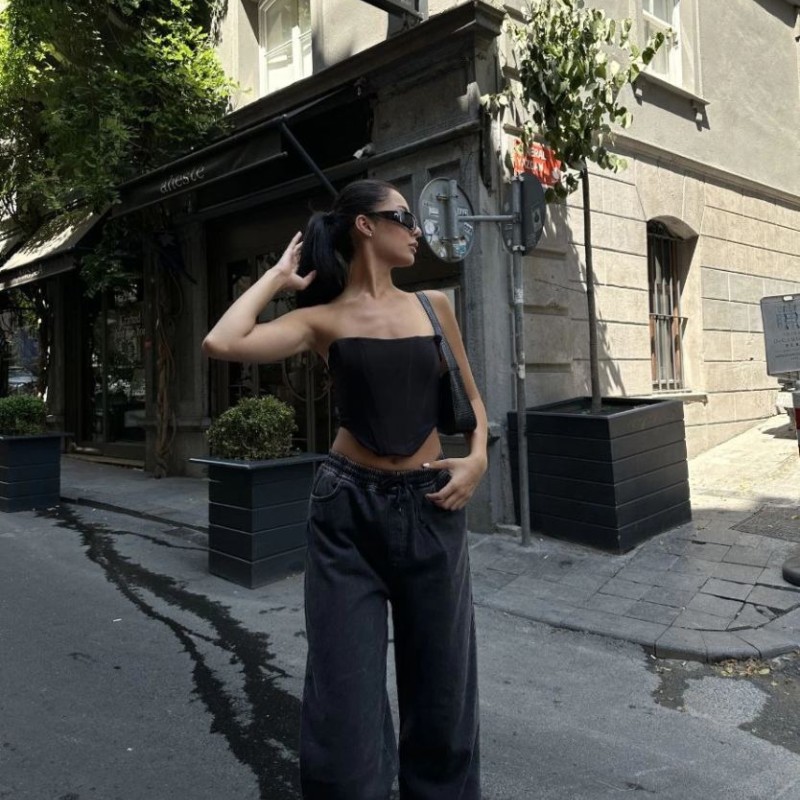 Kadın Arkadan Yırtmaçlı Jeans Kot Palazzo Pantolon - Siyah