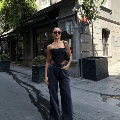 Kadın Arkadan Yırtmaçlı Jeans Kot Palazzo Pantolon - Siyah