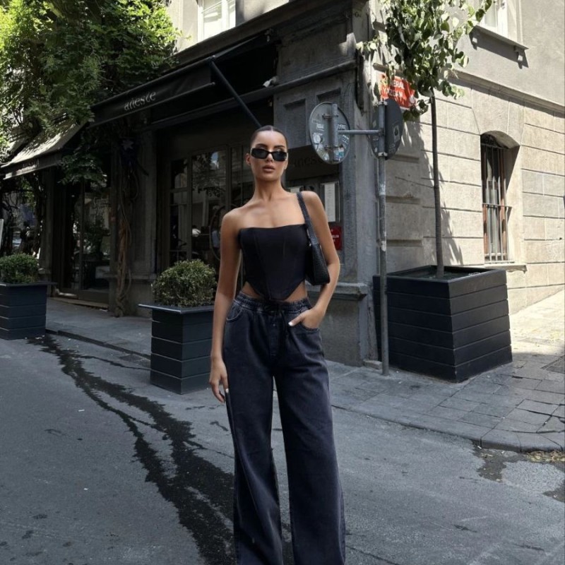 Kadın Arkadan Yırtmaçlı Jeans Kot Palazzo Pantolon - Siyah