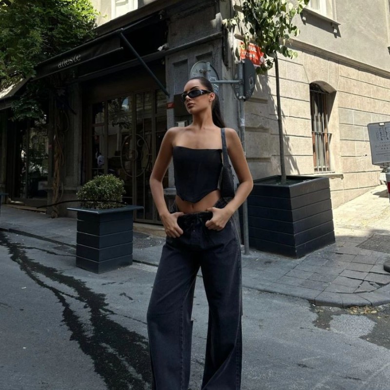 Kadın Arkadan Yırtmaçlı Jeans Kot Palazzo Pantolon - Siyah
