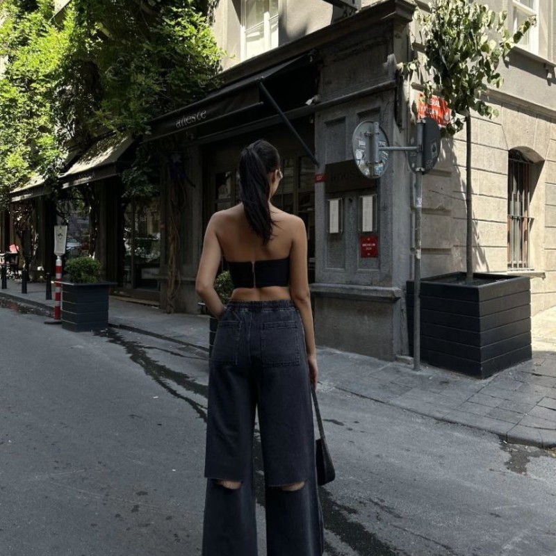 Kadın Arkadan Yırtmaçlı Jeans Kot Palazzo Pantolon - Siyah