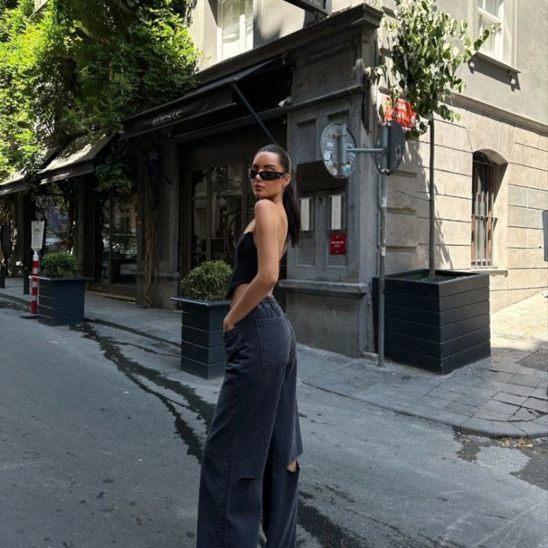Kadın Arkadan Yırtmaçlı Jeans Kot Palazzo Pantolon - Siyah