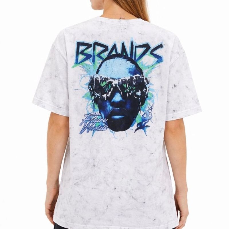 Kadın Asit Yıkamalı Oversize Tişört Bisiklet Yaka Kısa Kol T-shirt - Beyaz