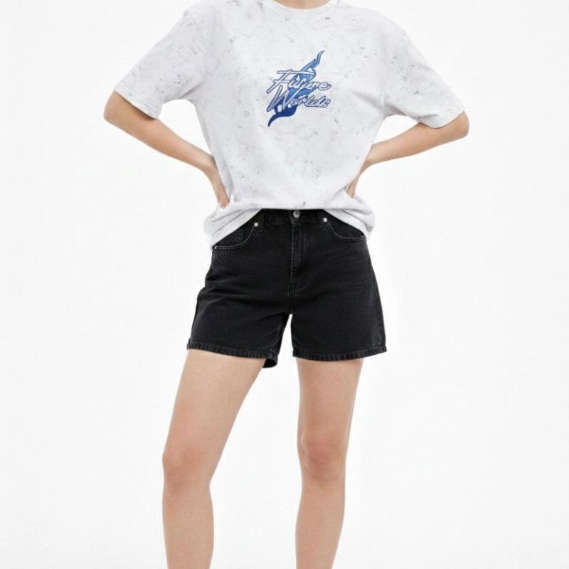 Kadın Asit Yıkamalı Oversize Tişört Bisiklet Yaka Kısa Kol T-shirt - Beyaz