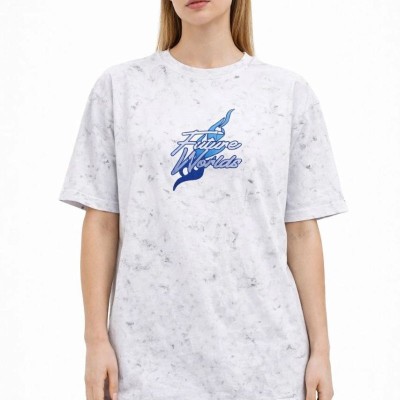 Kadın Asit Yıkamalı Oversize Tişört Bisiklet Yaka Kısa Kol T-shirt - Beyaz
