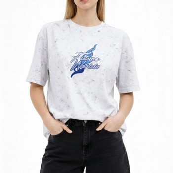 Kadın Asit Yıkamalı Oversize Tişört Bisiklet Yaka Kısa Kol T-shirt - Beyaz