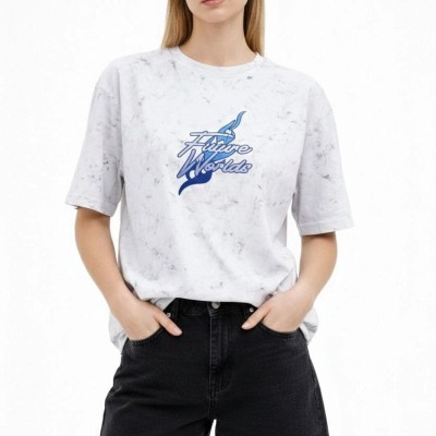 Kadın Asit Yıkamalı Oversize Tişört Bisiklet Yaka Kısa Kol T-shirt - Beyaz