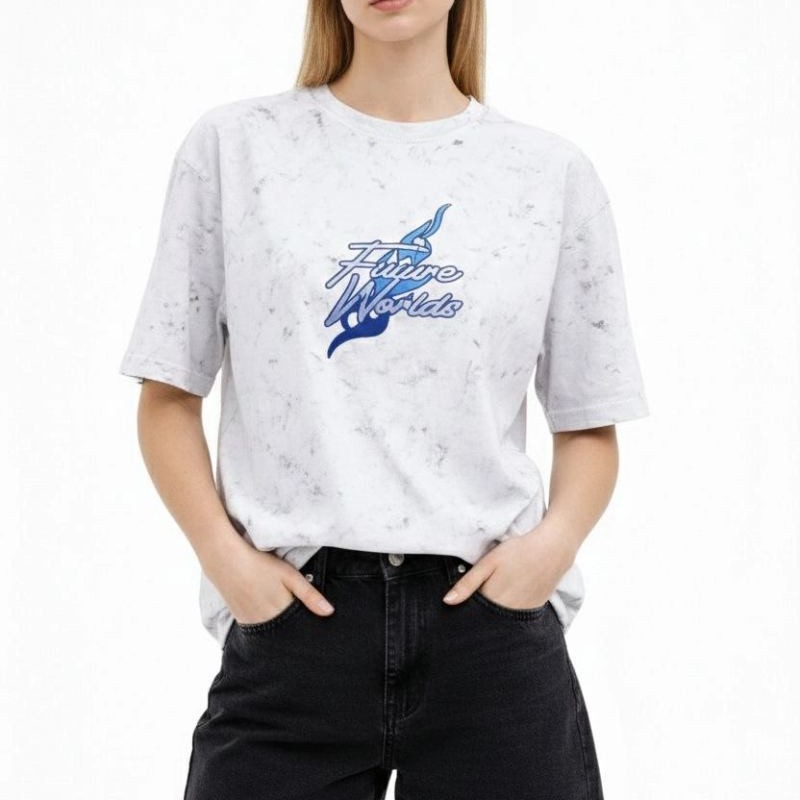 Kadın Asit Yıkamalı Oversize Tişört Bisiklet Yaka Kısa Kol T-shirt - Beyaz