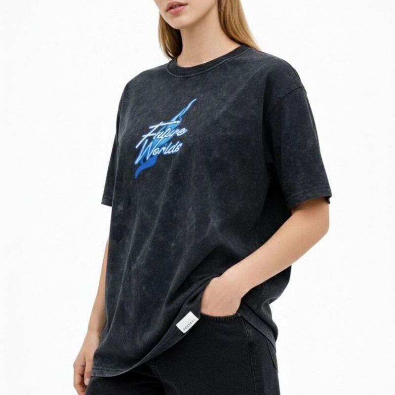 Kadın Asit Yıkamalı Oversize Tişört Bisiklet Yaka Kısa Kol T-shirt - Siyah